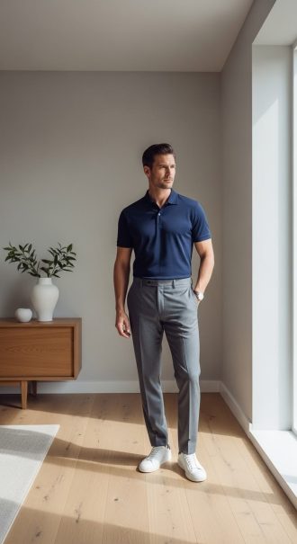 Stylish Men’s Business Casual Look: Navy Polo, Grey Pants, White Sneakers